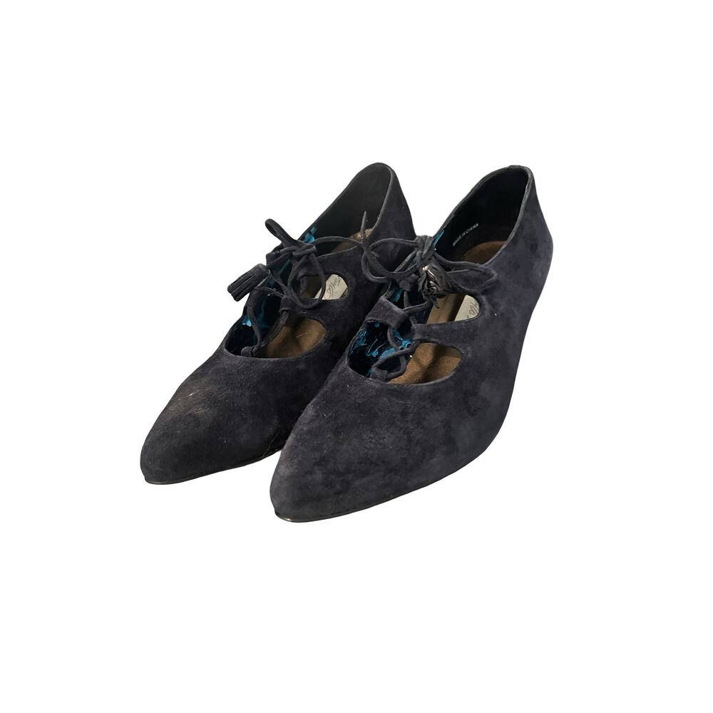 Lord & Taylor Navy Suede Lace-Up Cutout Kitten Heels Olivette 7M Retro